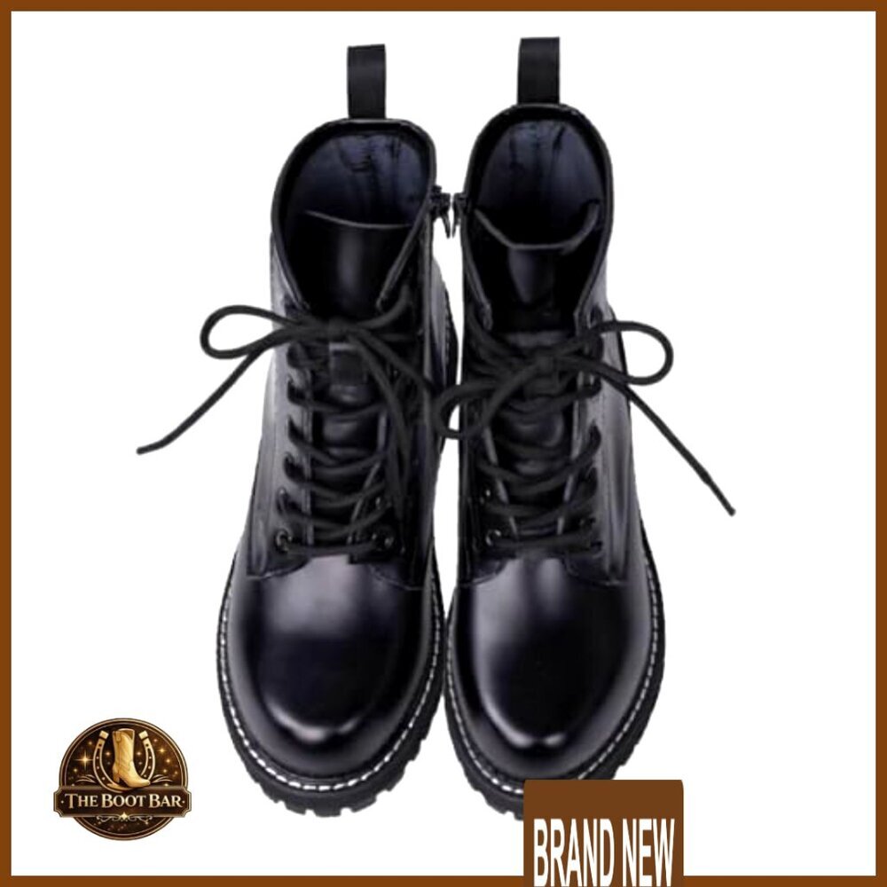 Leather Combat Boots Waterproof Lace Up Round Toe Women's Shoes Rugged - Picture 6 of 7